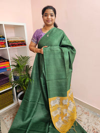 Soft Semi Tussar Checks Weaving with Pichwai Pattern - Green with Yellow