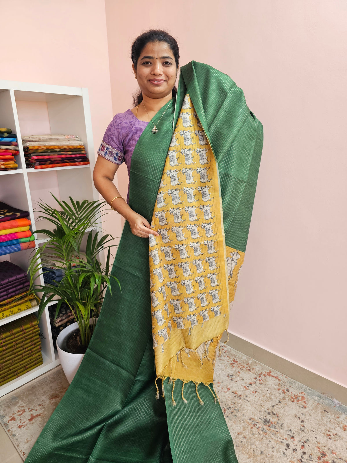 Soft Semi Tussar Checks Weaving with Pichwai Pattern - Green with Yellow