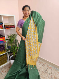 Soft Semi Tussar Checks Weaving with Pichwai Pattern - Green with Yellow