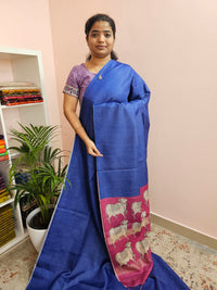 Soft Semi Tussar Checks Weaving with Pichwai Pattern - Blue with Pink