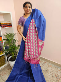 Soft Semi Tussar Checks Weaving with Pichwai Pattern - Blue with Pink