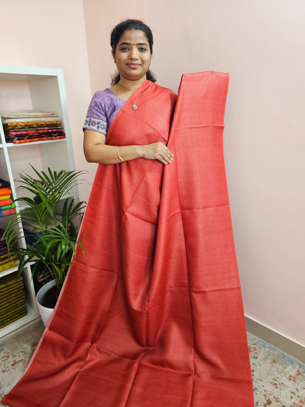 Soft Semi Tussar Checks Weaving with Pichwai Pattern - Red with Black