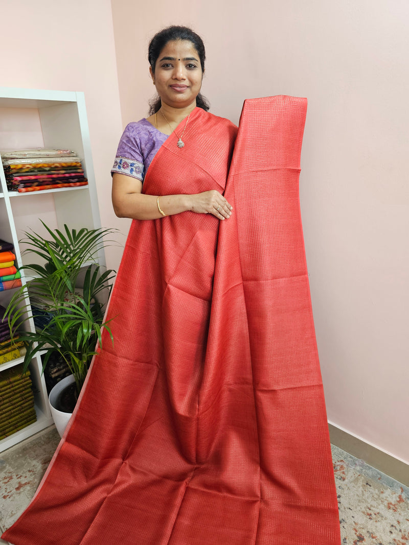 Soft Semi Tussar Checks Weaving with Pichwai Pattern - Red with Black