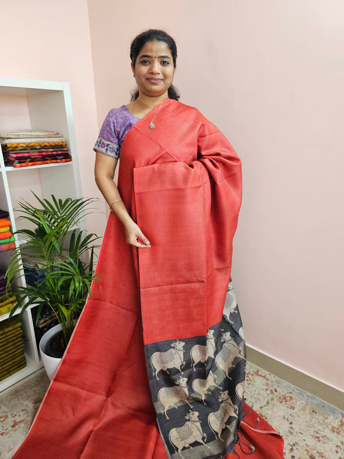 Soft Semi Tussar Checks Weaving with Pichwai Pattern - Red with Black
