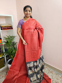 Soft Semi Tussar Checks Weaving with Pichwai Pattern - Red with Black