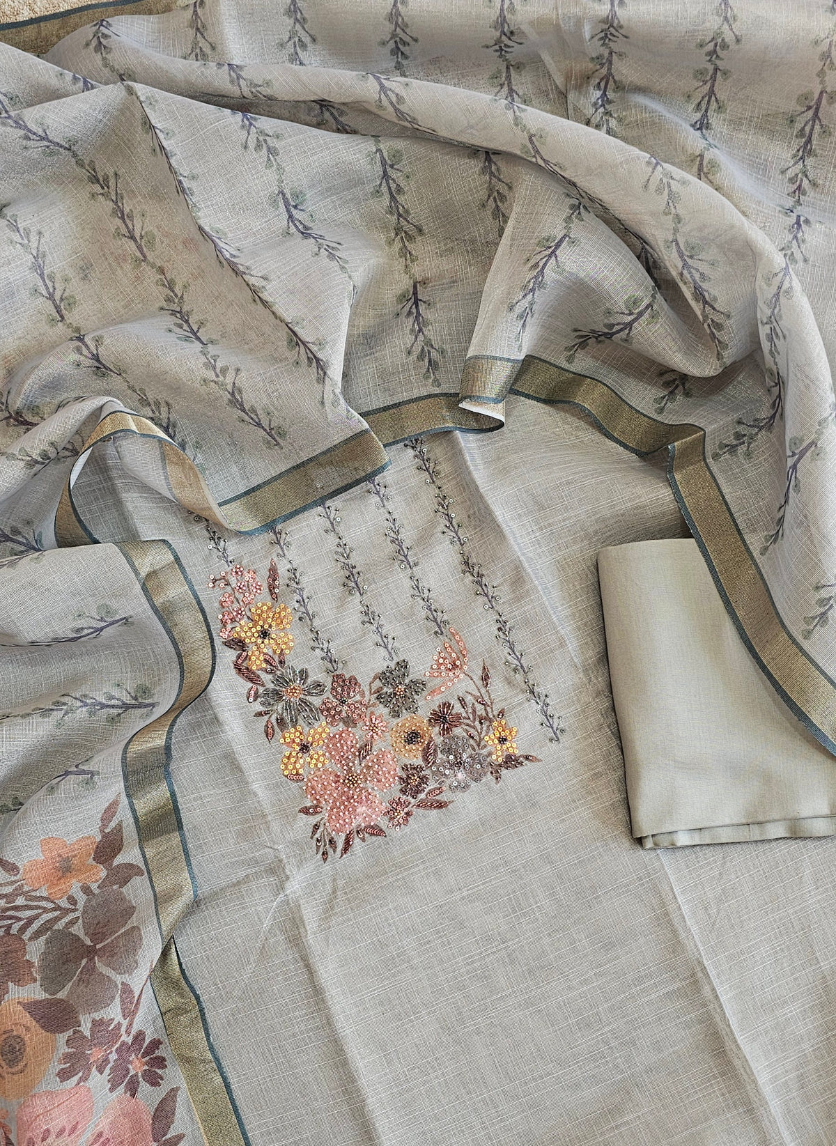 Linen Tissue Unstitched Salwar - Grey