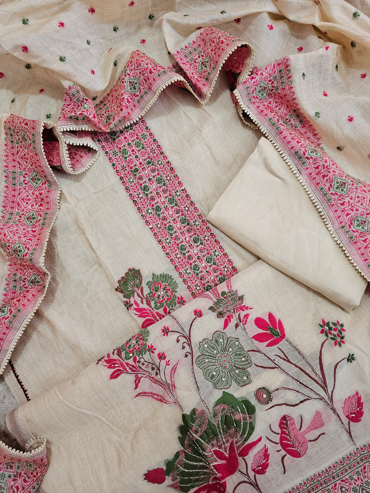 Semi Tussar Weaving Unstitched  Salwar Suit  - Cream with Pink