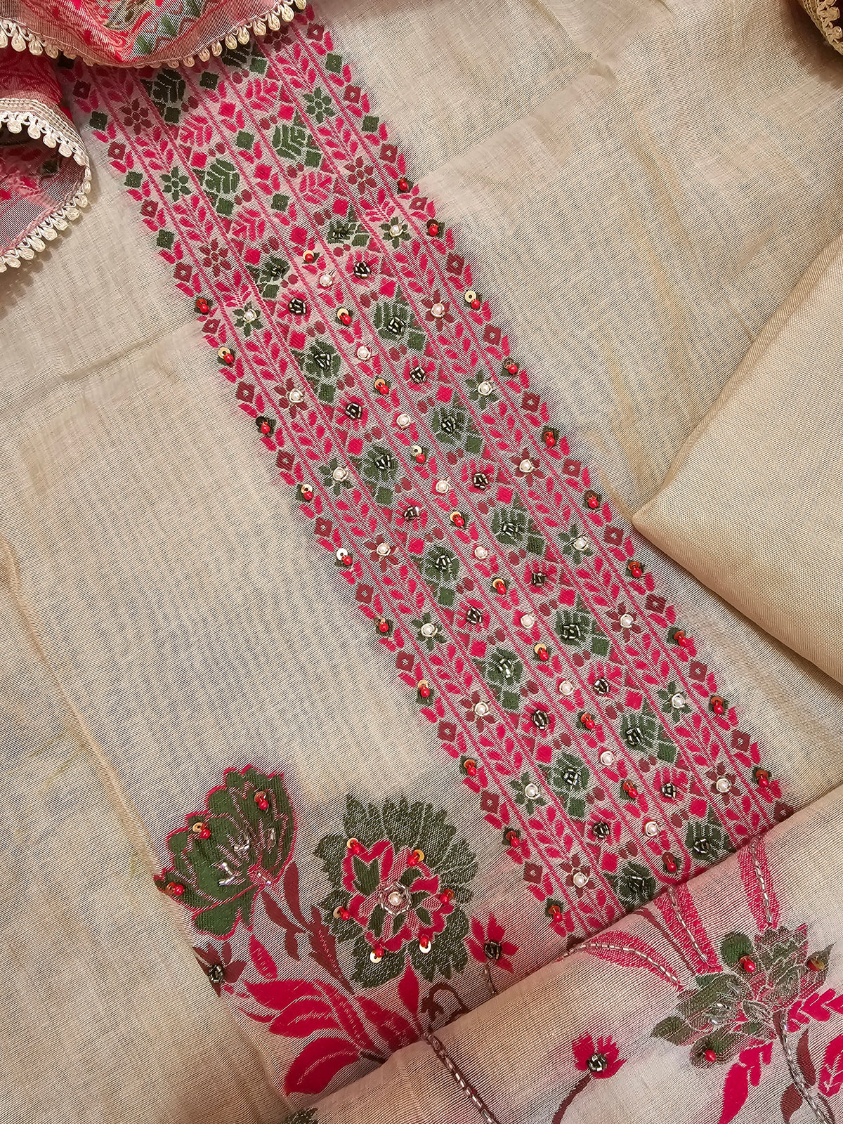 Semi Tussar Weaving Unstitched  Salwar Suit  - Cream with Pink