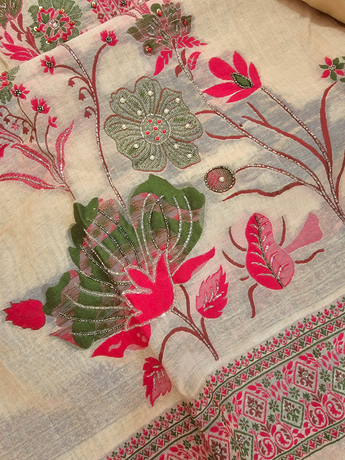 Semi Tussar Weaving Unstitched  Salwar Suit  - Cream with Pink