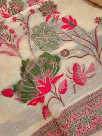 Semi Tussar Weaving Unstitched  Salwar Suit  - Cream with Pink