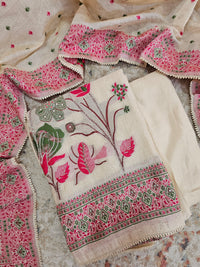 Semi Tussar Weaving Unstitched  Salwar Suit  - Cream with Pink
