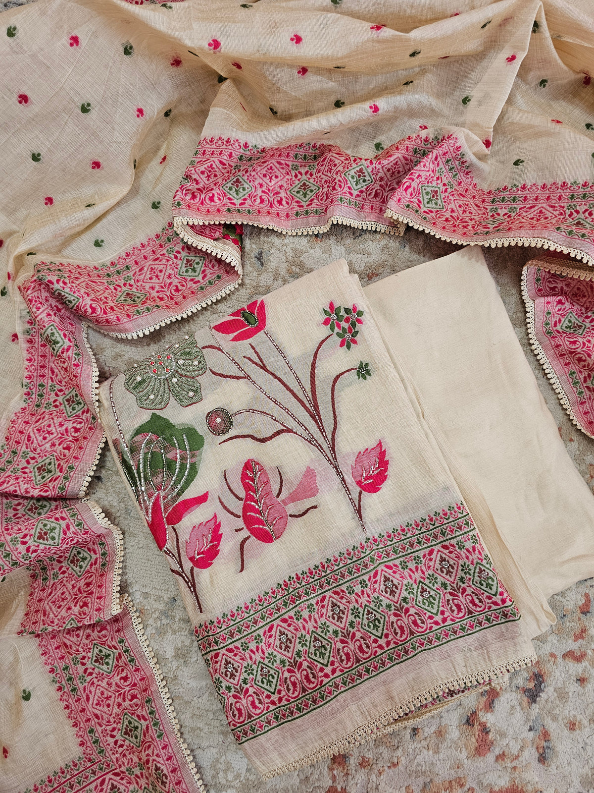 Semi Tussar Weaving Unstitched  Salwar Suit  - Cream with Pink