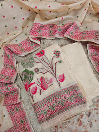 Semi Tussar Weaving Unstitched  Salwar Suit  - Cream with Pink