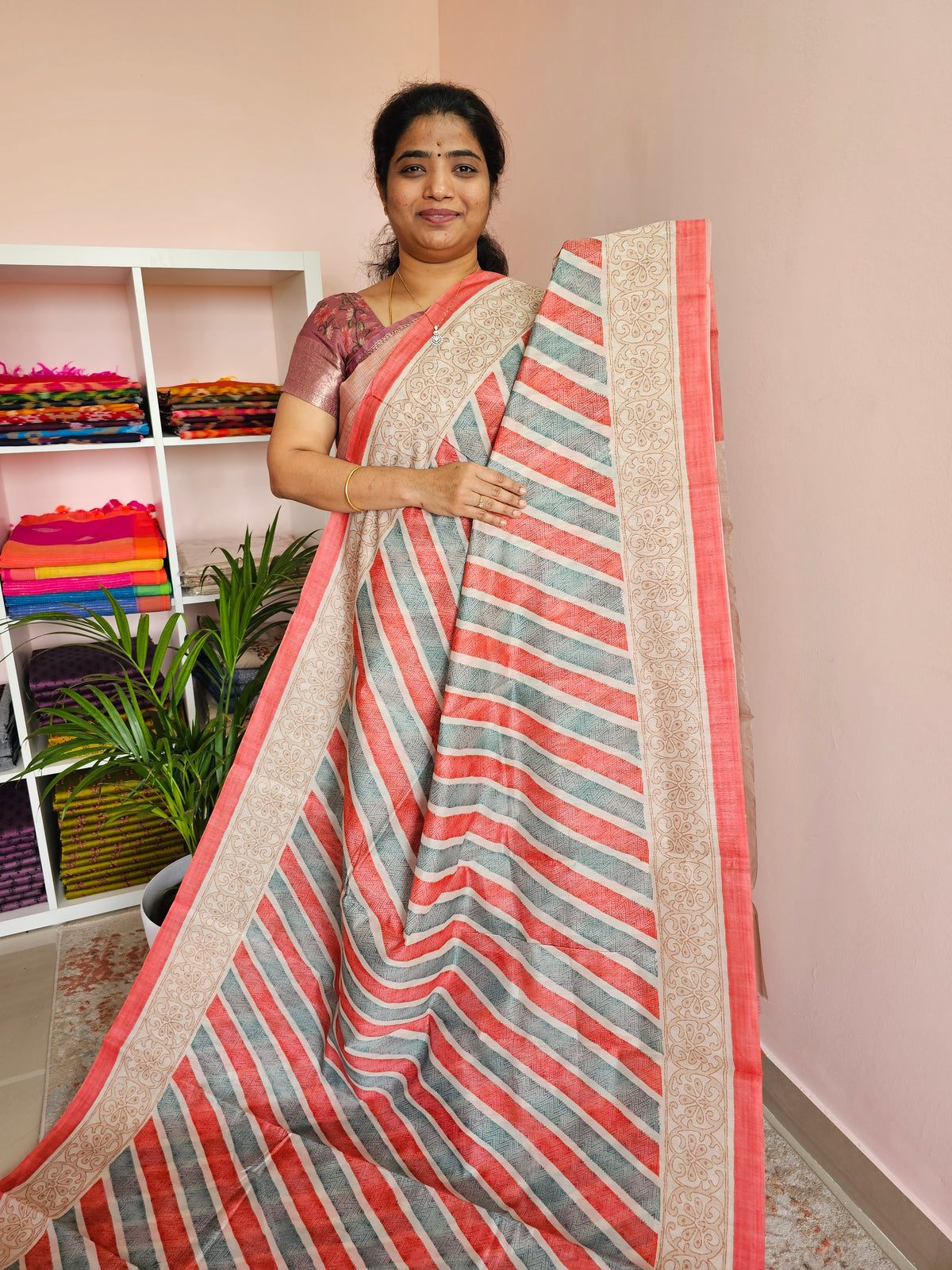 Casual Semi Tussar - Orange with Green