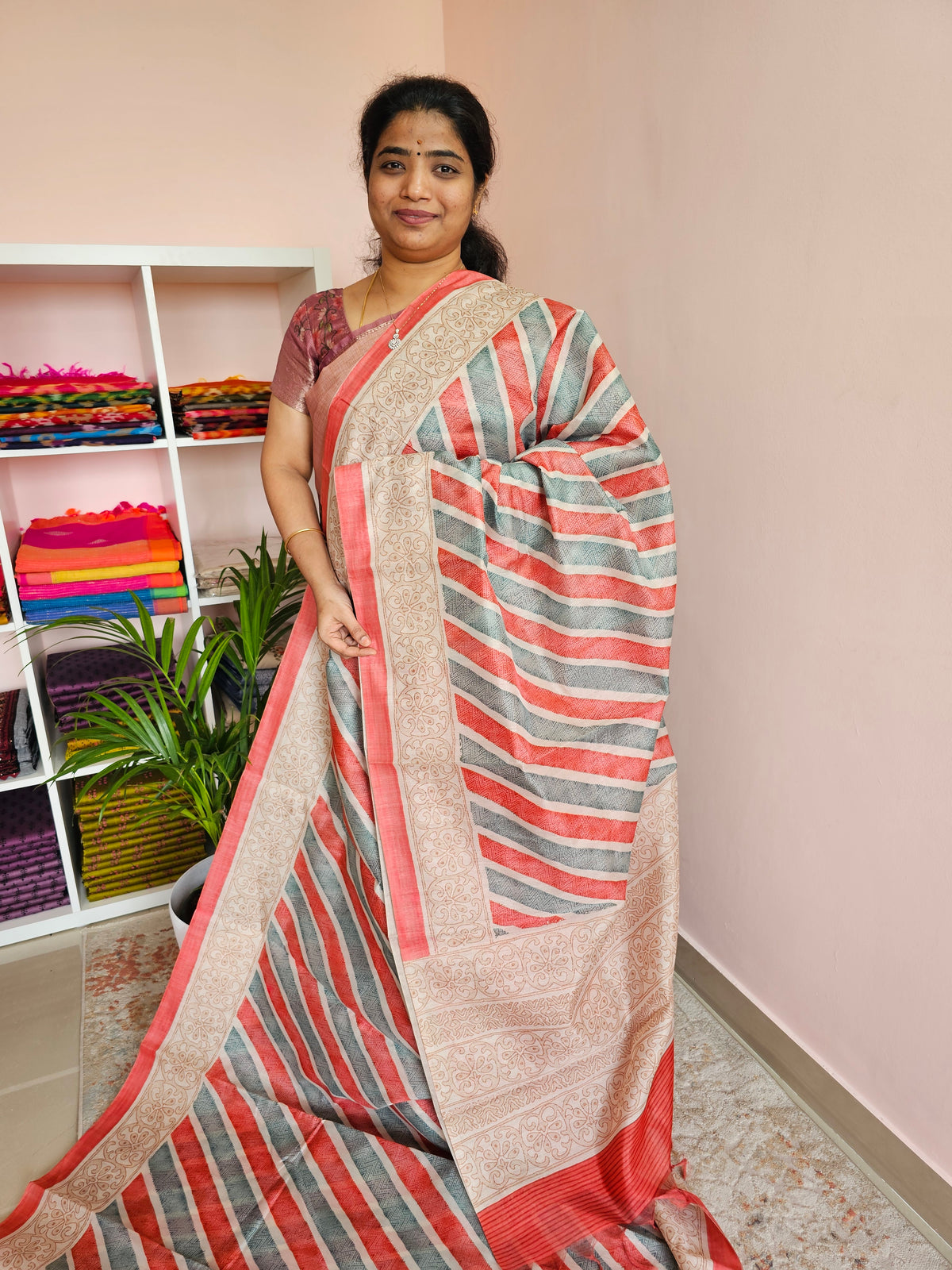 Casual Semi Tussar - Orange with Green