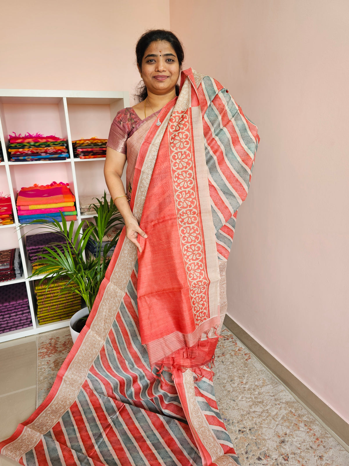 Casual Semi Tussar - Orange with Green