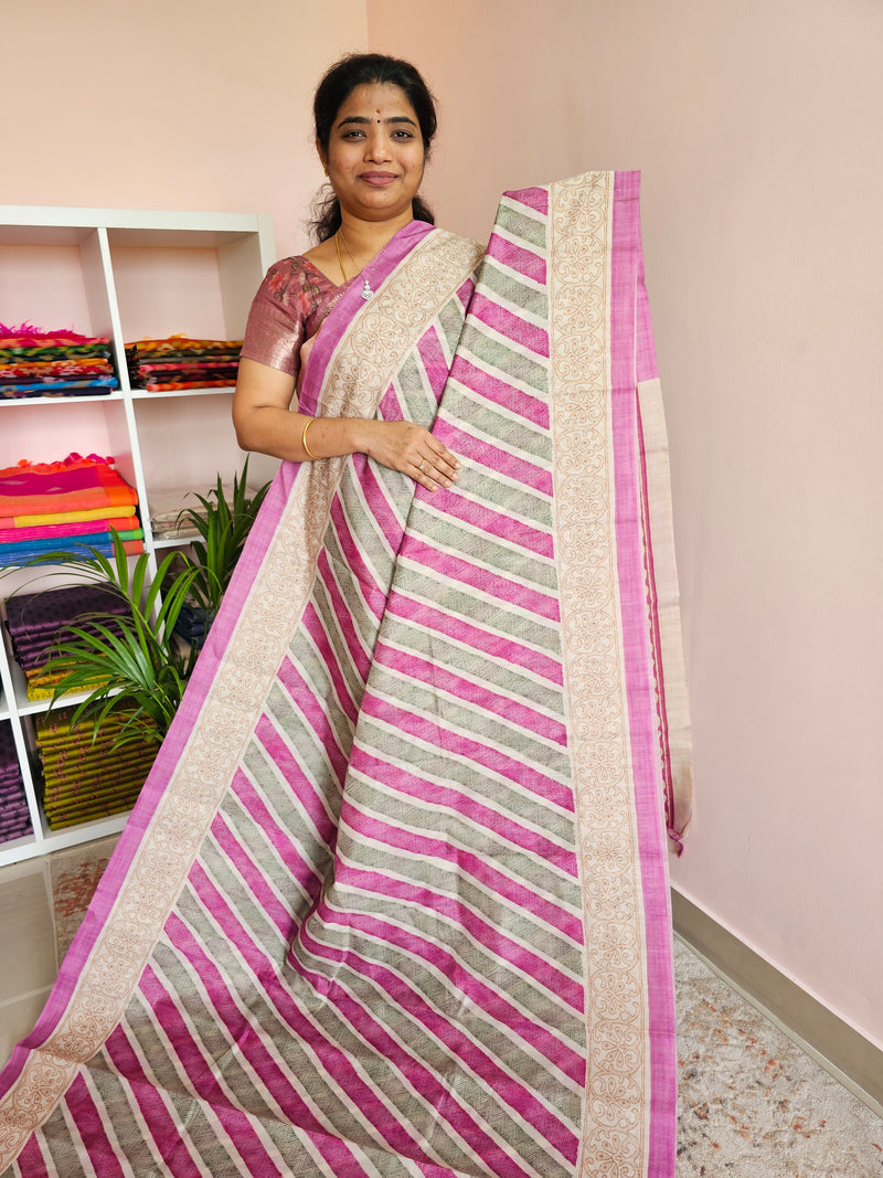 Casual Semi Tussar - Pink with Green