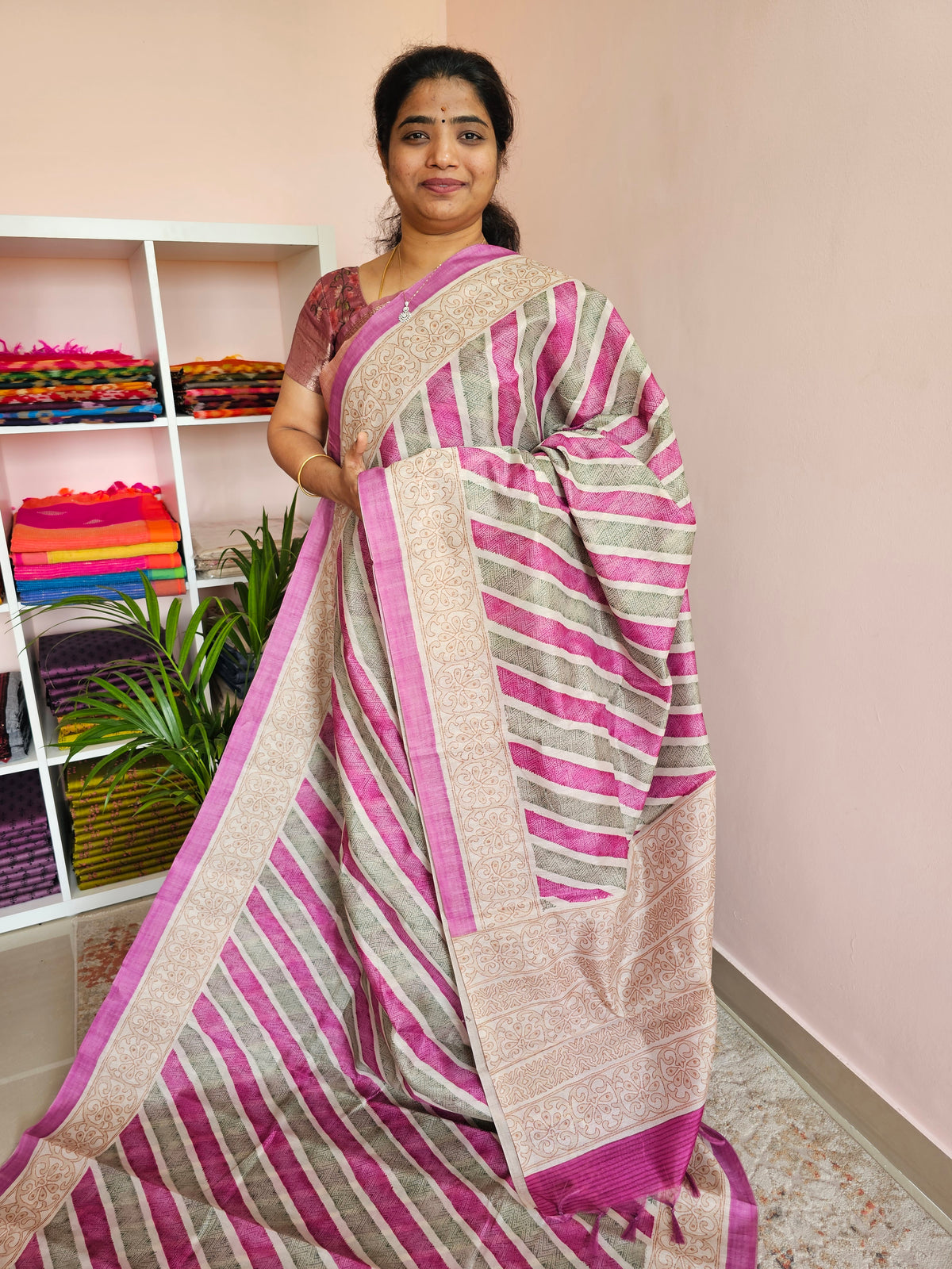 Casual Semi Tussar - Pink with Green