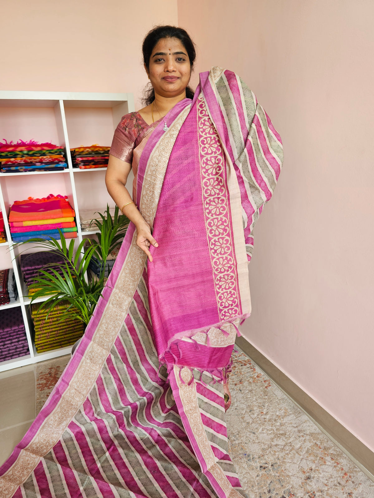 Casual Semi Tussar - Pink with Green
