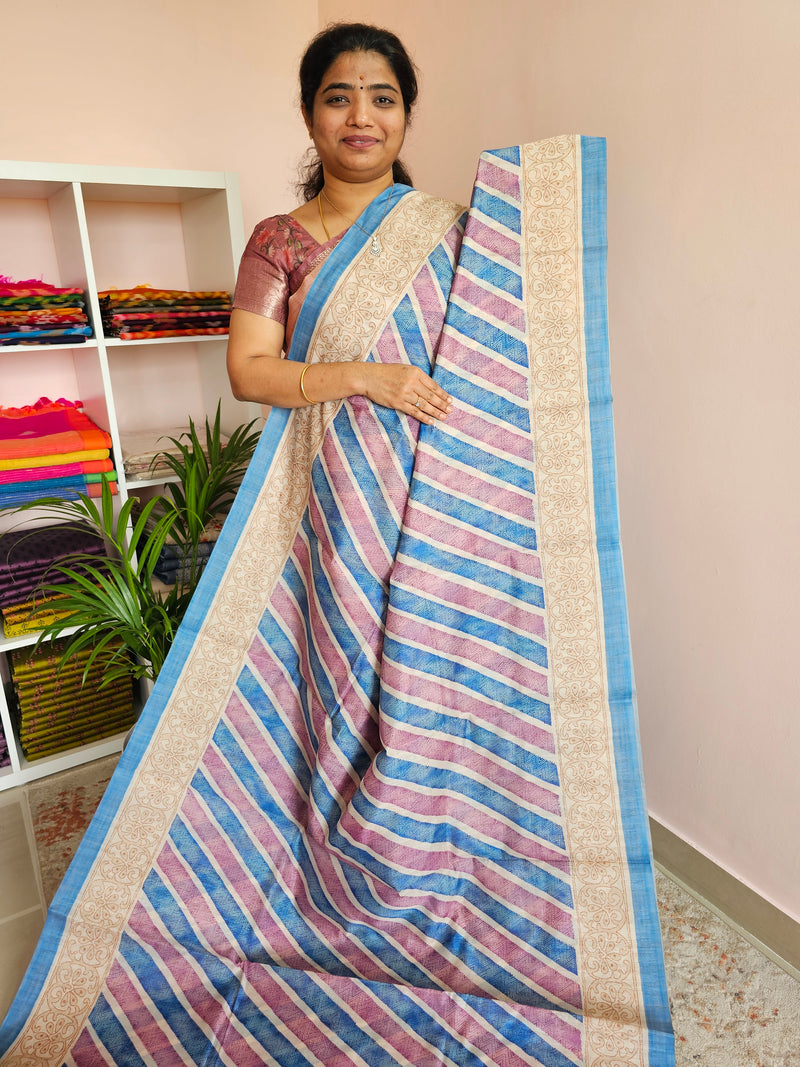 Casual Semi Tussar - Blue with Magenta Pink