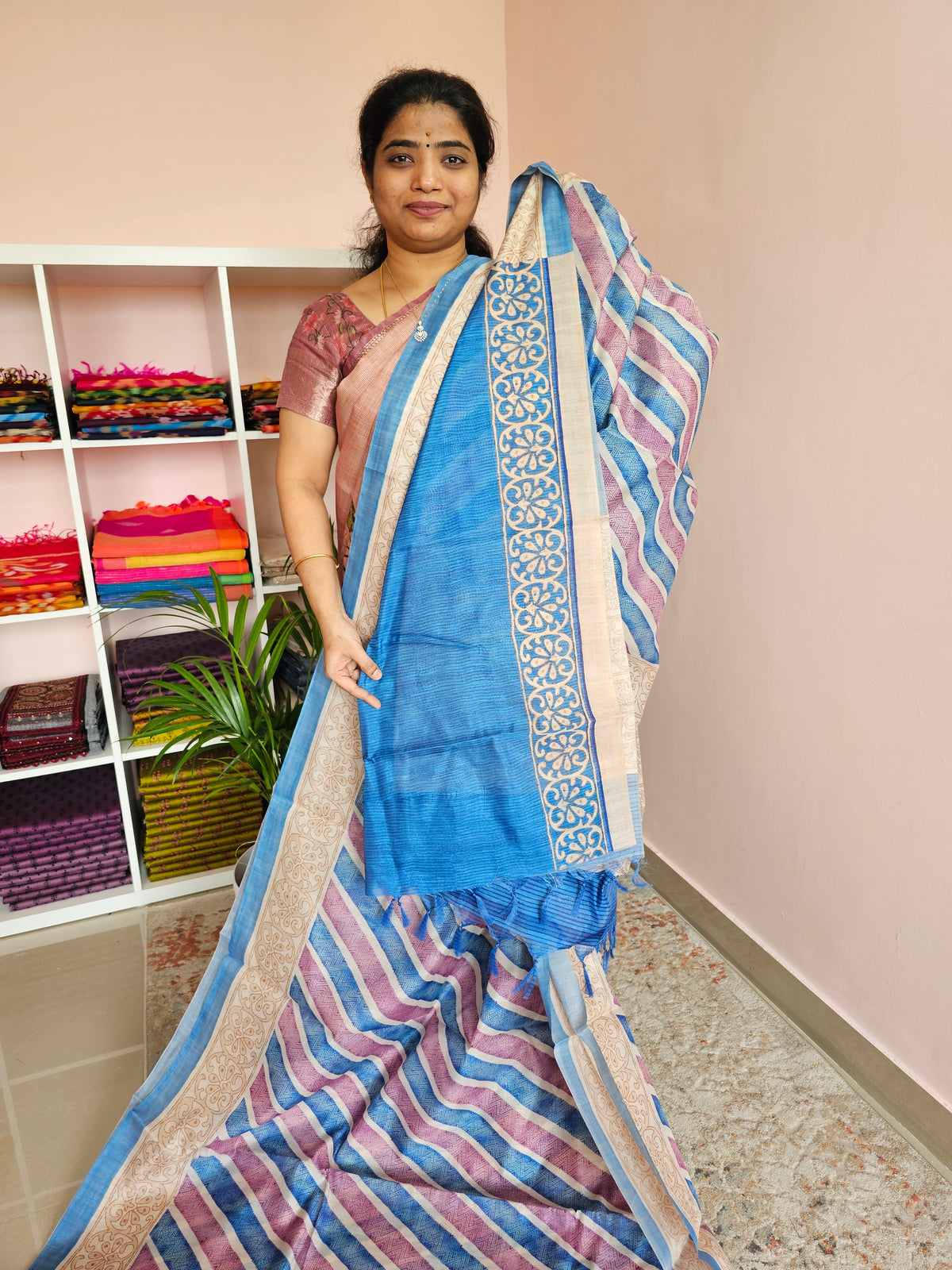 Casual Semi Tussar - Blue with Magenta Pink
