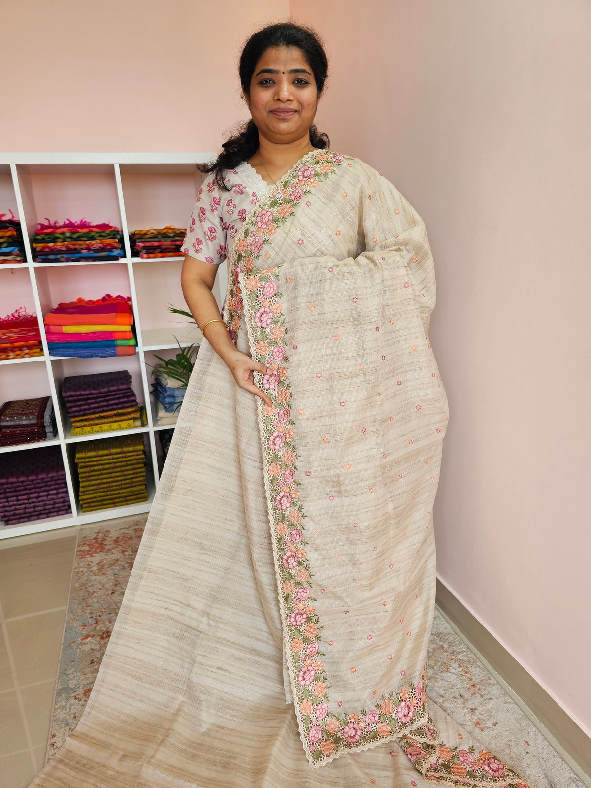 Semi Tussar Kota Weaving Sarees - Cream