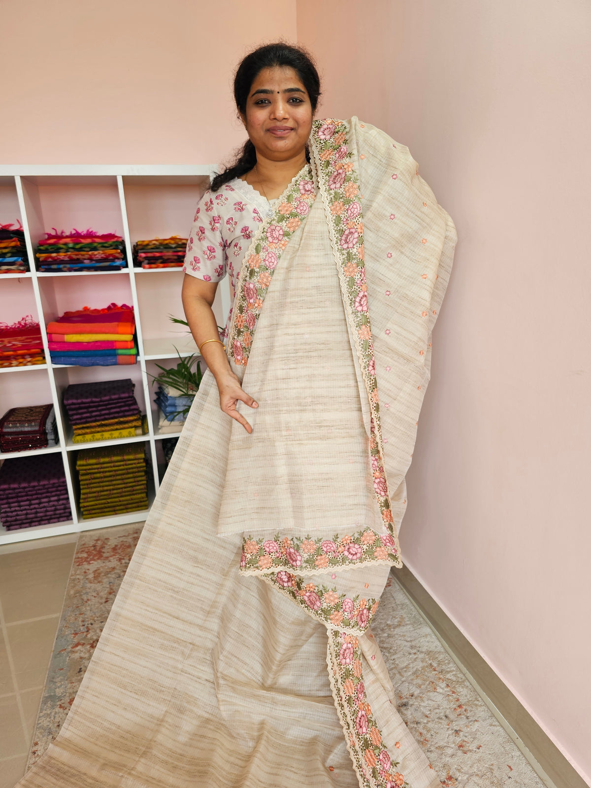 Semi Tussar Kota Weaving Sarees - Cream