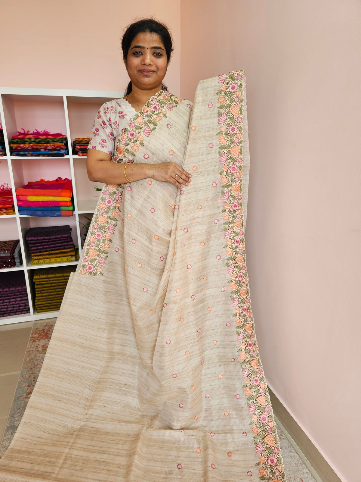 Semi Tussar Kota Weaving Sarees - Cream