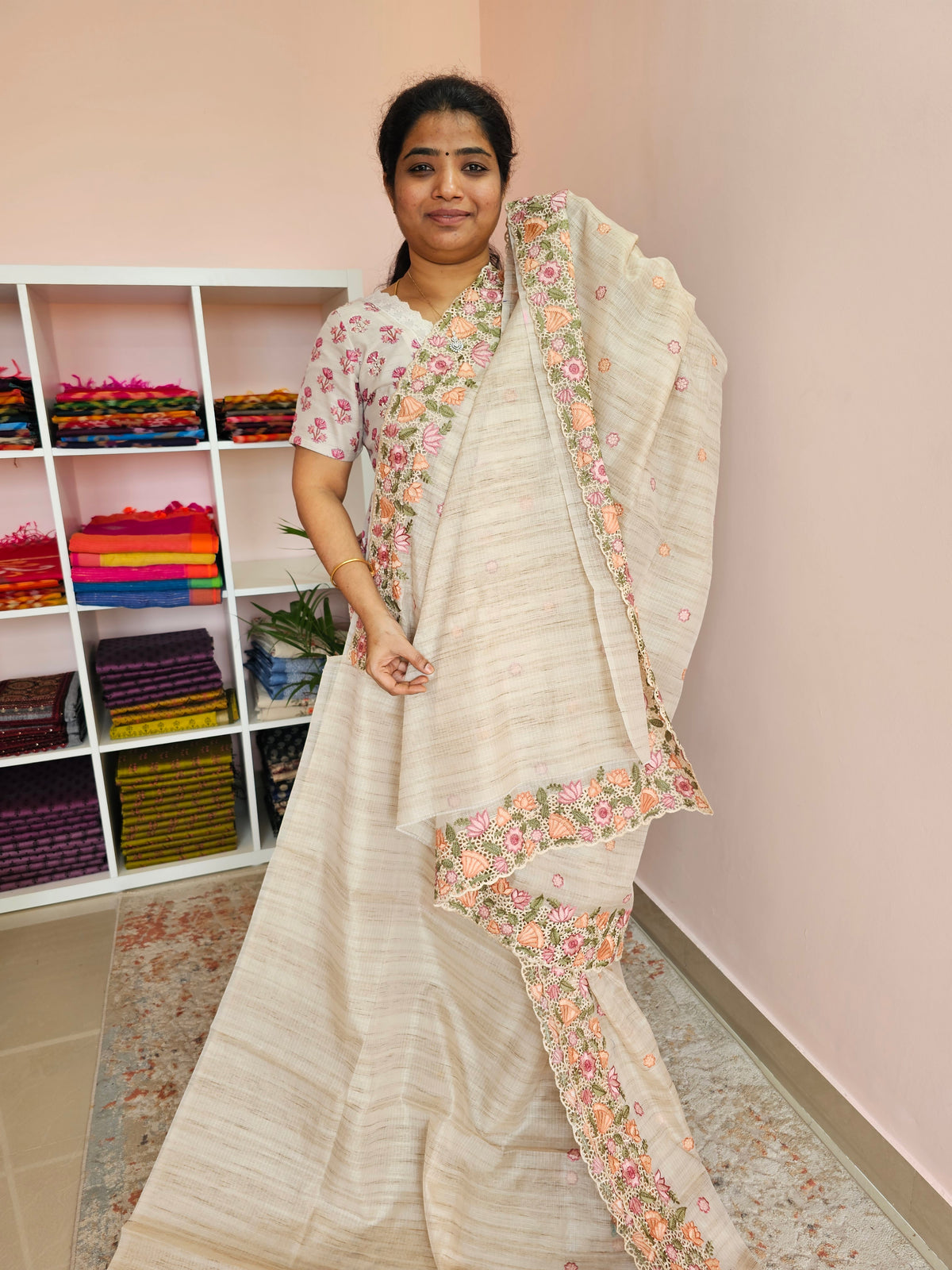 Semi Tussar Kota Weaving Sarees - Cream