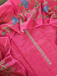 Linen Tissue with Kantha Unstitched Salwar Suit  - Pink