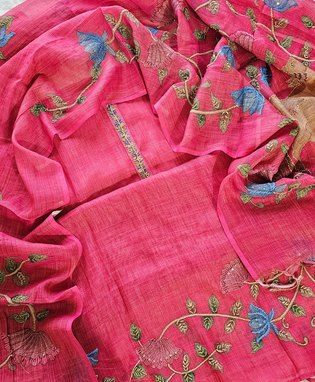 Linen Tissue with Kantha Unstitched Salwar Suit  - Pink