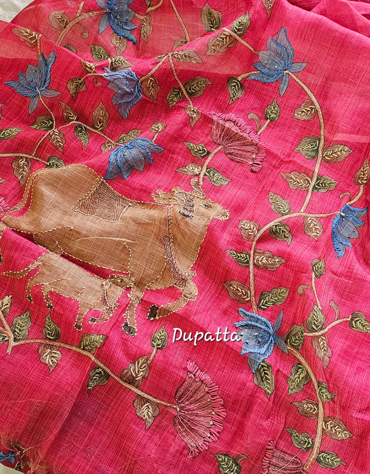 Linen Tissue with Kantha Unstitched Salwar Suit  - Pink