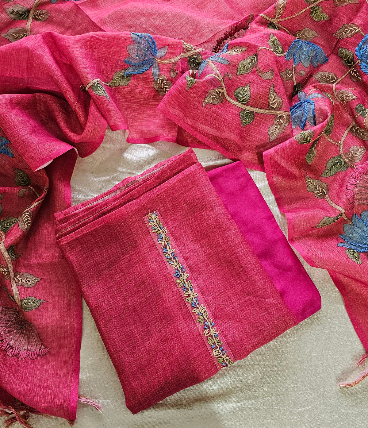 Linen Tissue with Kantha Unstitched Salwar Suit  - Pink