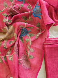 Linen Tissue with Kantha Unstitched Salwar Suit  - Pink