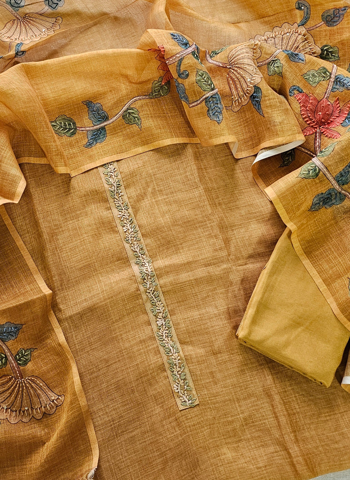 Linen Tissue with Kantha Unstitched Salwar Suit  - Mustard Yellow