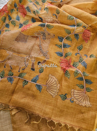 Linen Tissue with Kantha Unstitched Salwar Suit  - Mustard Yellow