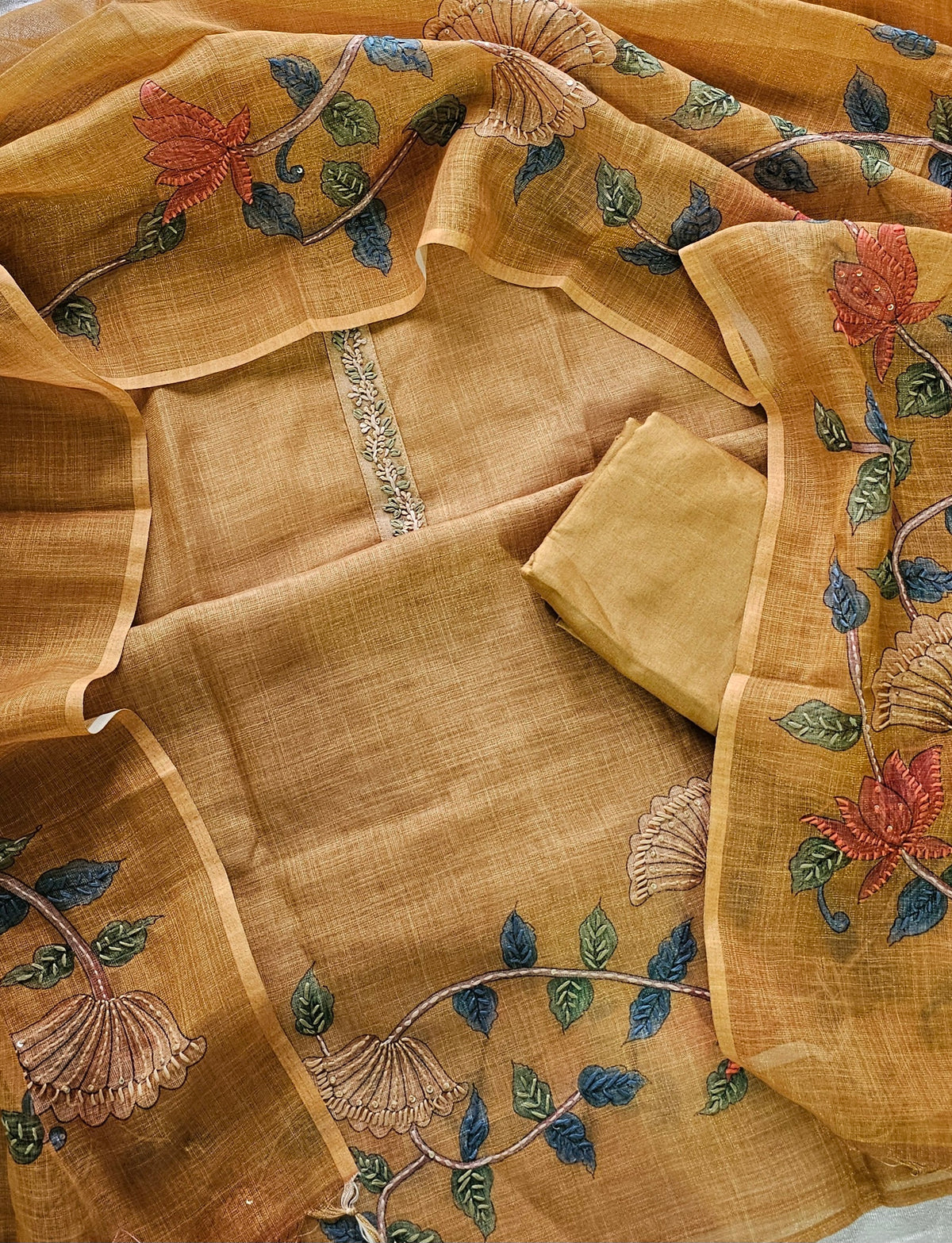 Linen Tissue with Kantha Unstitched Salwar Suit  - Mustard Yellow