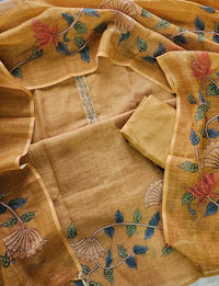 Linen Tissue with Kantha Unstitched Salwar Suit  - Mustard Yellow