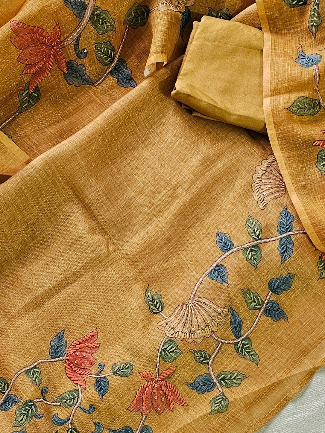 Linen Tissue with Kantha Unstitched Salwar Suit  - Mustard Yellow