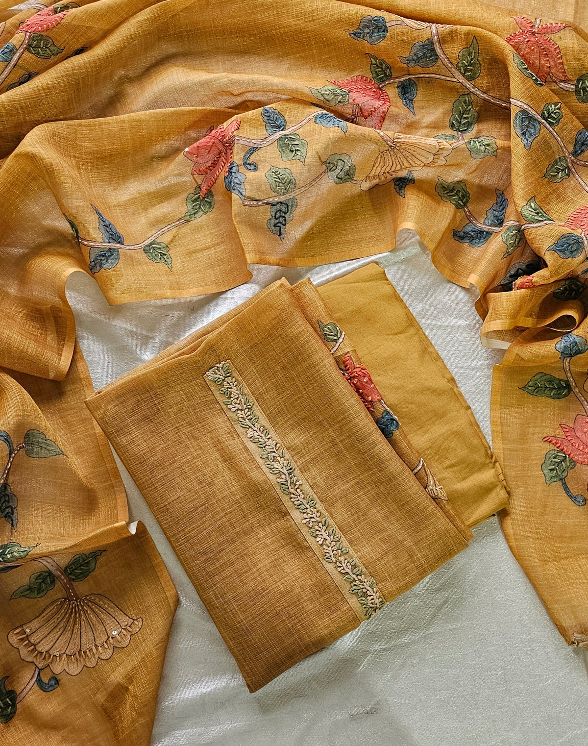 Linen Tissue with Kantha Unstitched Salwar Suit  - Mustard Yellow