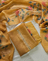 Linen Tissue with Kantha Unstitched Salwar Suit  - Mustard Yellow