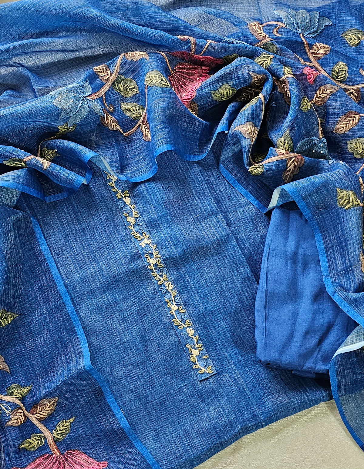 Linen Tissue with Kantha Unstitched Salwar Suit  - Blue