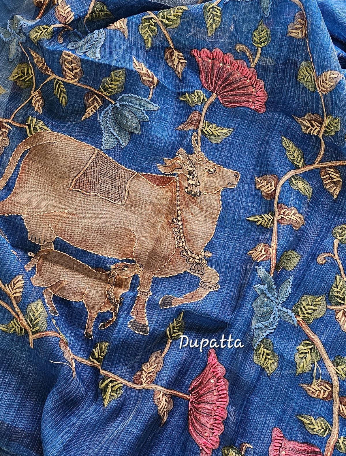 Linen Tissue with Kantha Unstitched Salwar Suit  - Blue