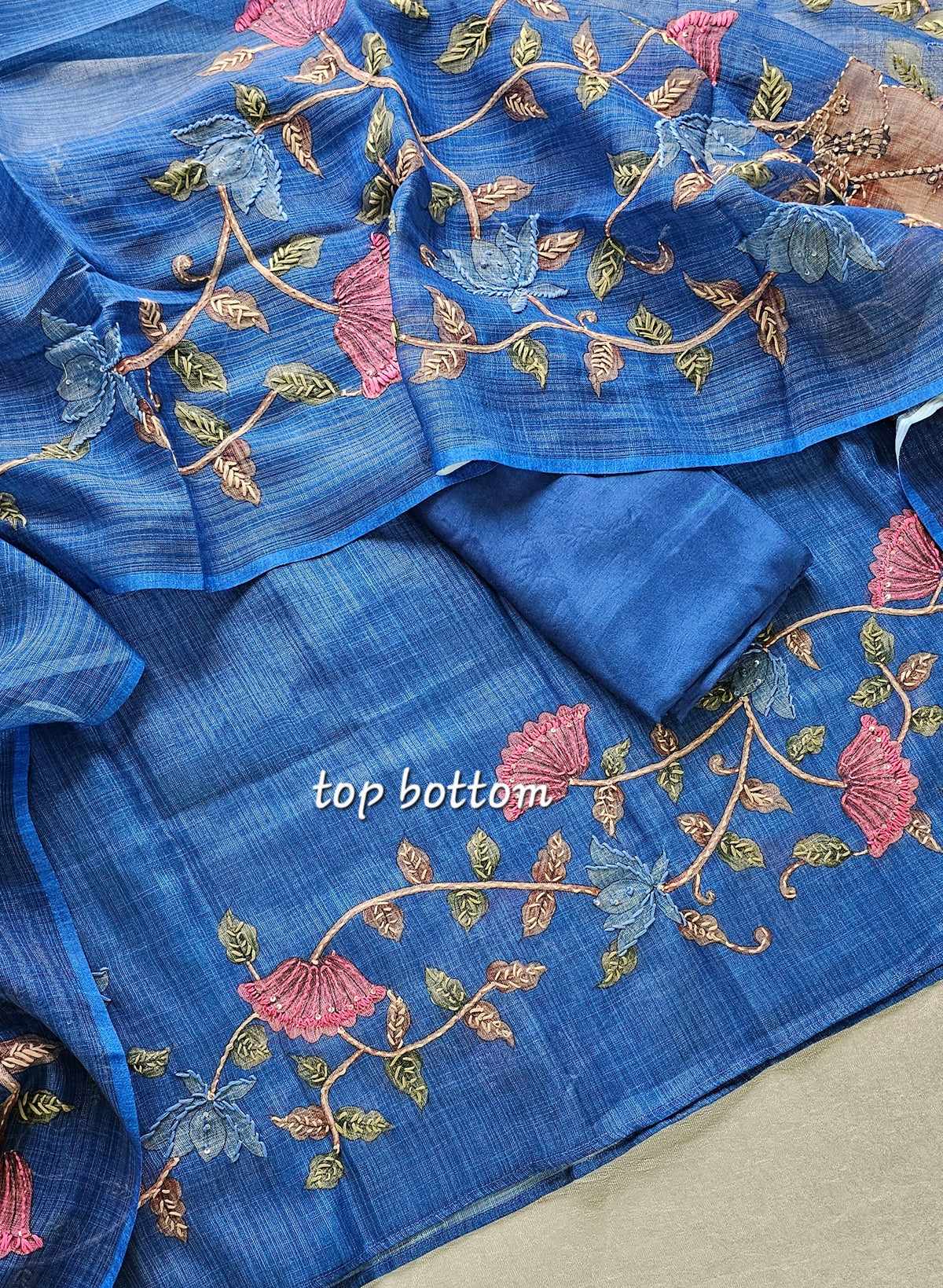 Linen Tissue with Kantha Unstitched Salwar Suit  - Blue
