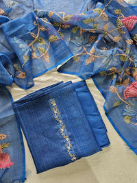 Linen Tissue with Kantha Unstitched Salwar Suit  - Blue