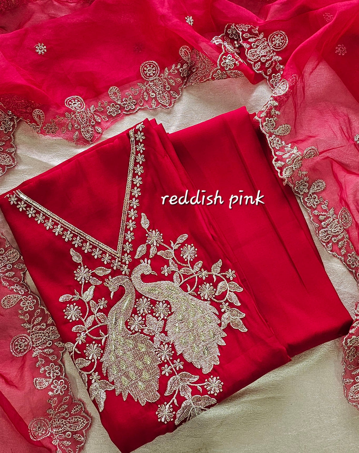 Soft Silk Unstitched Salwar Suit  - Reddish Pink