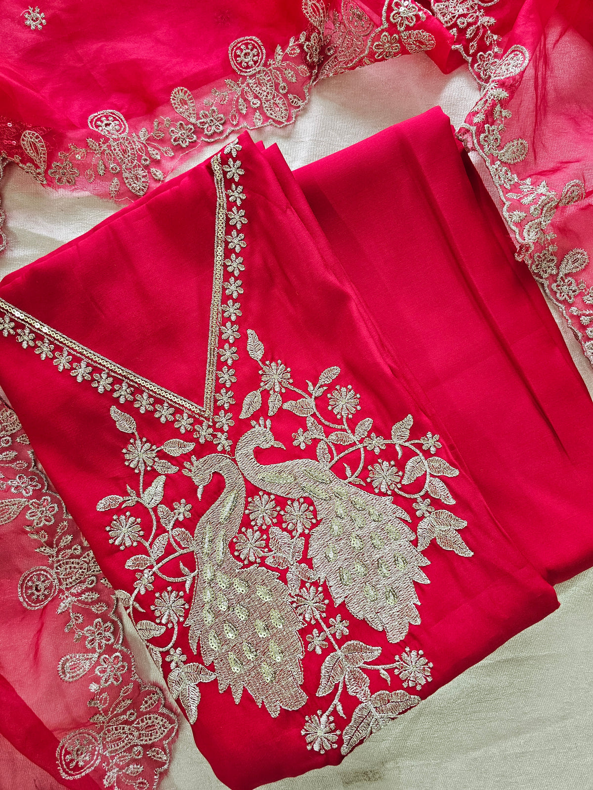 Soft Silk Unstitched Salwar Suit  - Reddish Pink