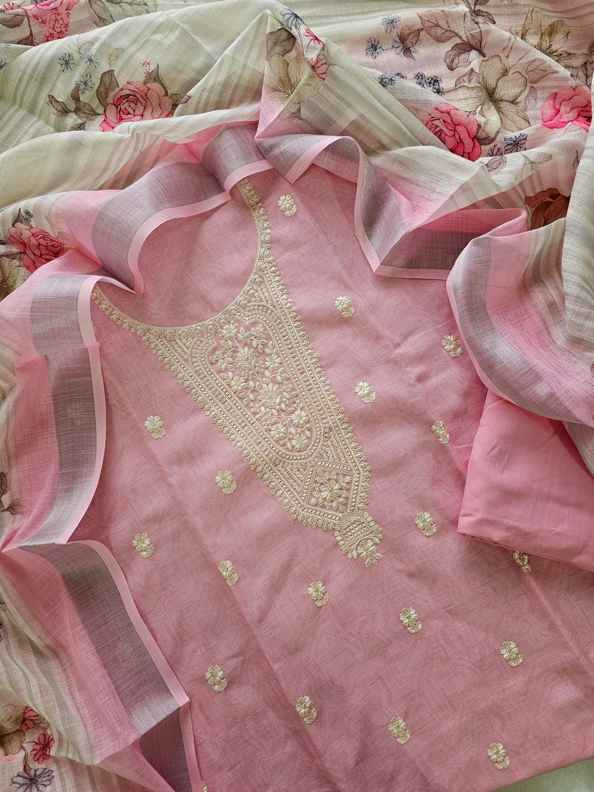 Linen Cotton with Emboridery Salwar Suit  - Pink