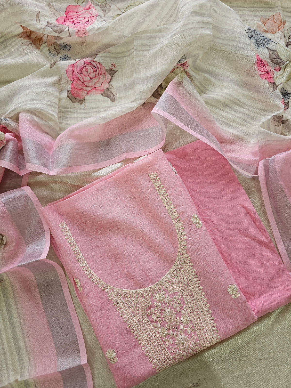 Linen Cotton with Emboridery Salwar Suit  - Pink