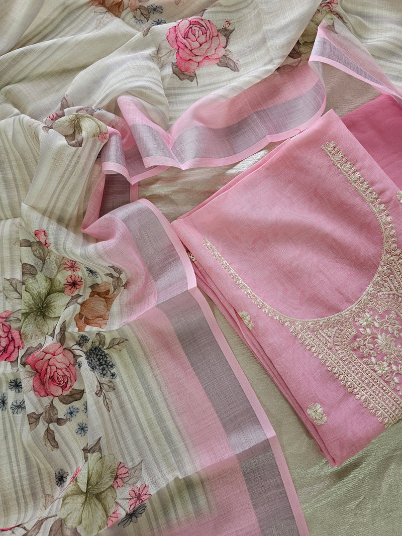 Linen Cotton with Emboridery Salwar Suit  - Pink
